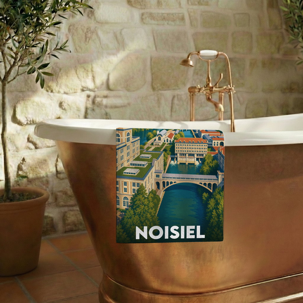 Serviette de bain souvenir de la ville de Noisiel avec une illustration stylisée.