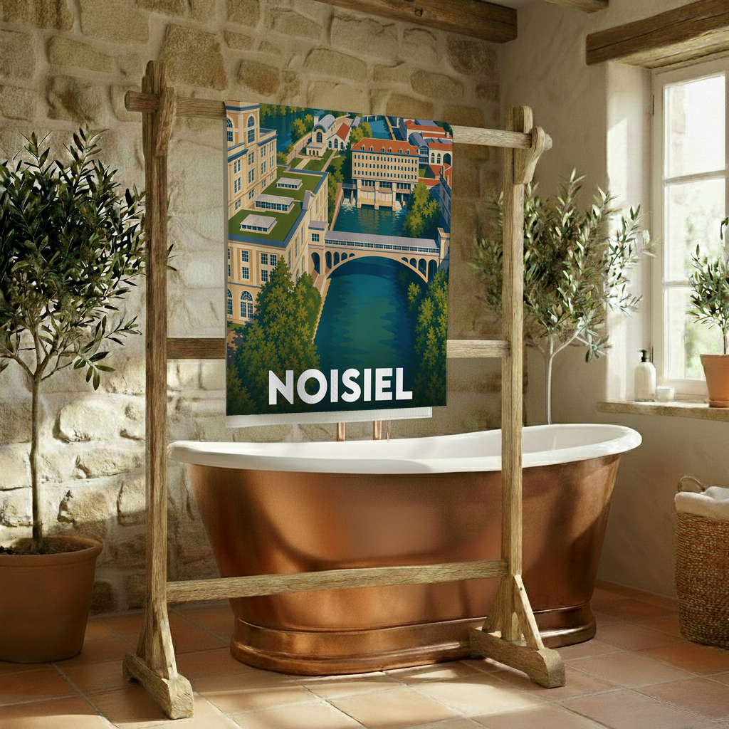 Serviette de bain souvenir de la ville de Noisiel avec une illustration stylisée.