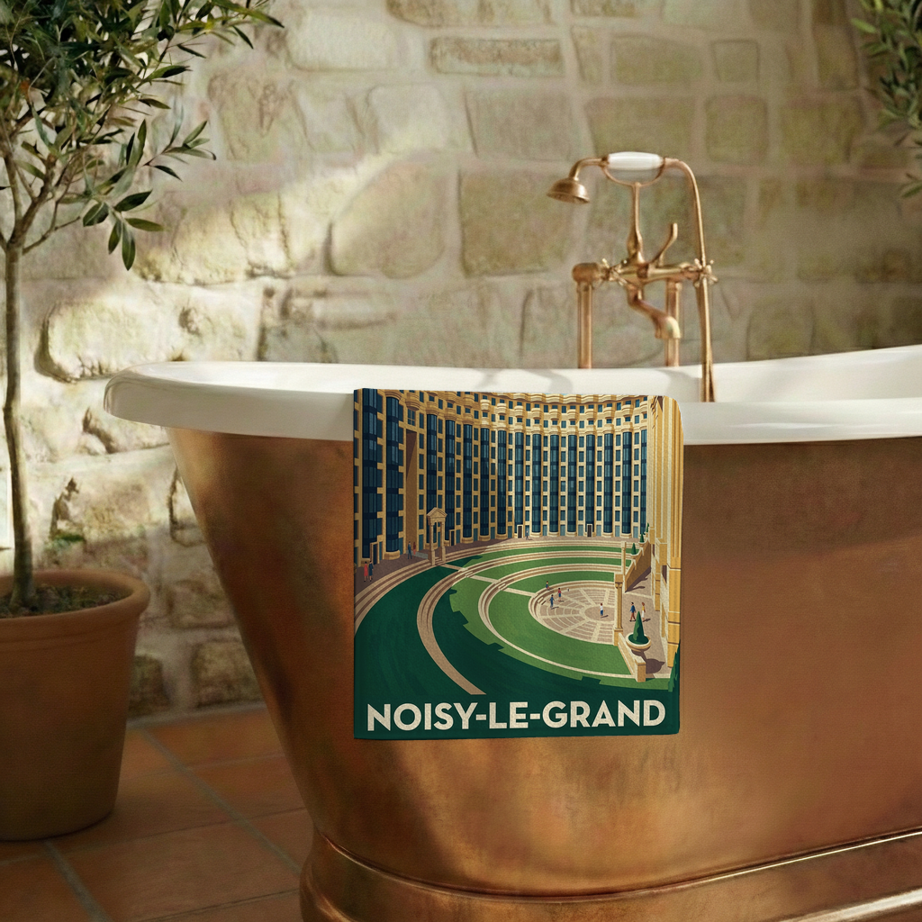 Serviette de bain souvenir de la ville de Noisy-le-Grand avec une illustration stylisée de son architecture.