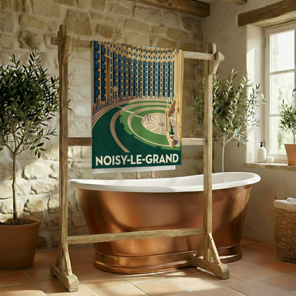 Serviette de bain souvenir de la ville de Noisy-le-Grand avec une illustration stylisée de son architecture.