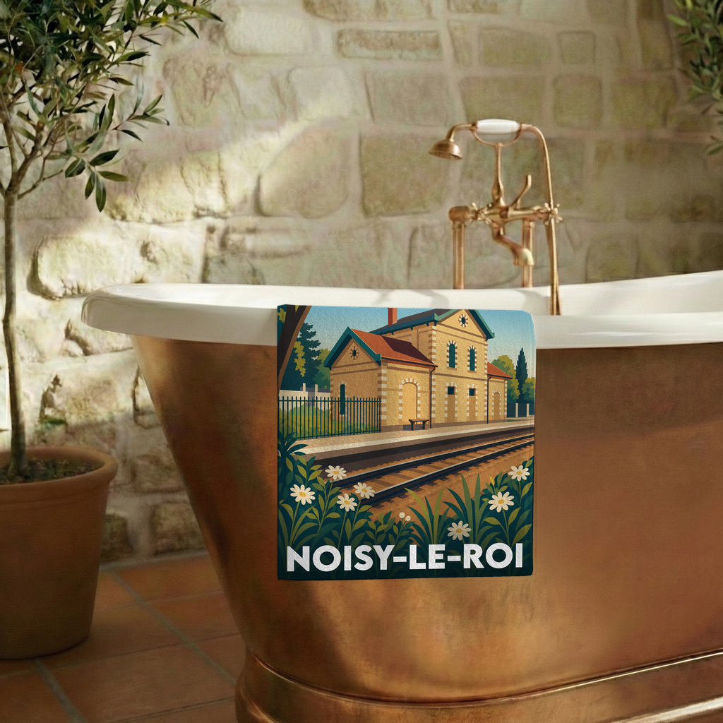 Serviette de bain souvenir de la ville de Noisy-le-Roi avec une illustration stylisée d'une gare.