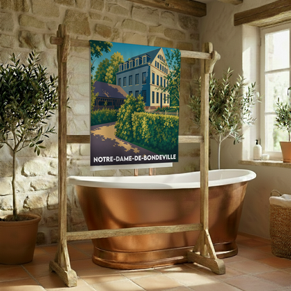 Serviette de bain souvenir de Notre-Dame-de-Bondeville illustrant une grande bâtisse bleue entourée de jardins.