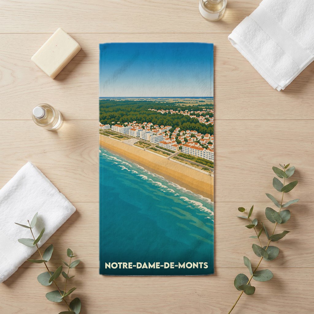 Serviette de bain souvenir de la ville de Notre-Dame-de-Monts avec une illustration stylisée du littoral.