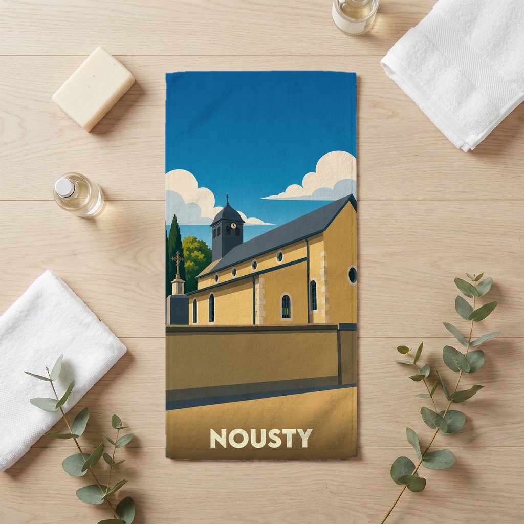 Serviette de bain souvenir de la ville de Nousty avec une illustration stylisée de son église.