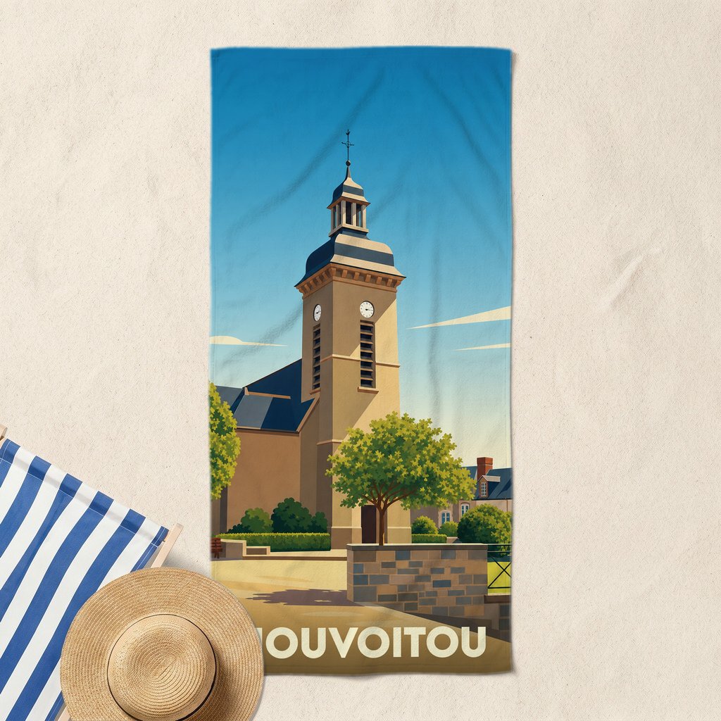 Serviette de bain souvenir de la ville de Nouvoitou illustrant son église avec un style graphique épuré.