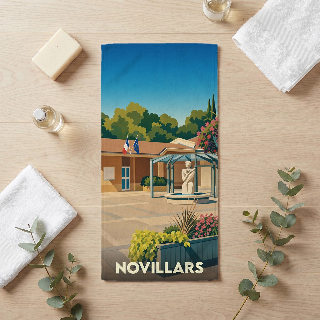 Serviette de bain souvenir de la ville de Novillars avec une illustration stylisée.