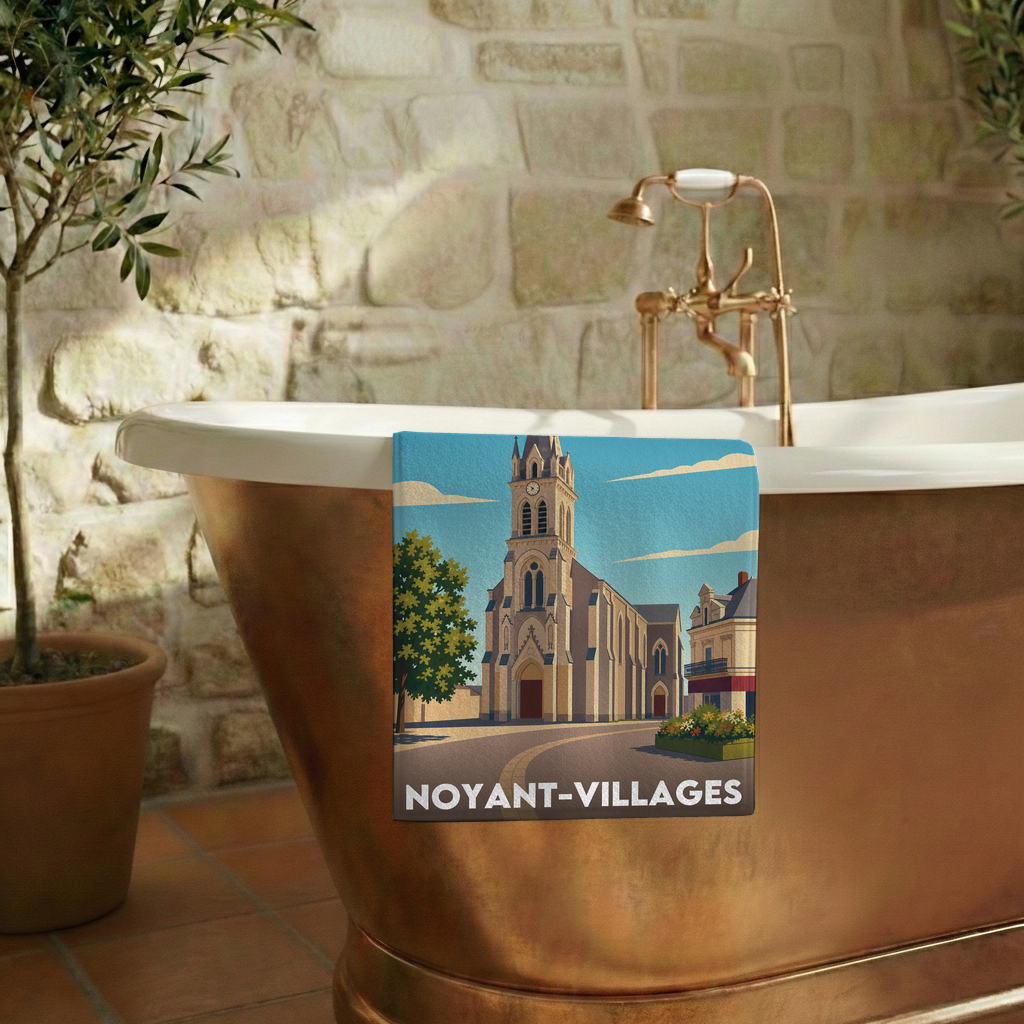 Serviette de bain souvenir de la ville de Noyant-Villages avec une illustration stylisée de son église.