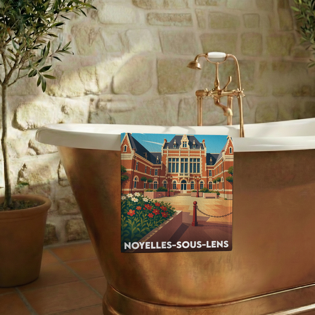Serviette de bain souvenir de la ville de Noyelles-sous-Lens avec une illustration stylisée.