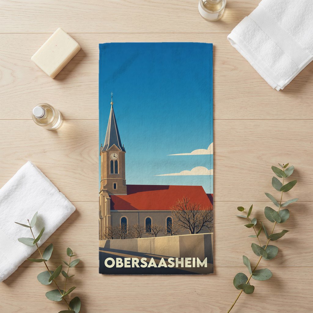 Serviette de bain souvenir de la ville de Obersaasheim avec une illustration stylisée de son église.