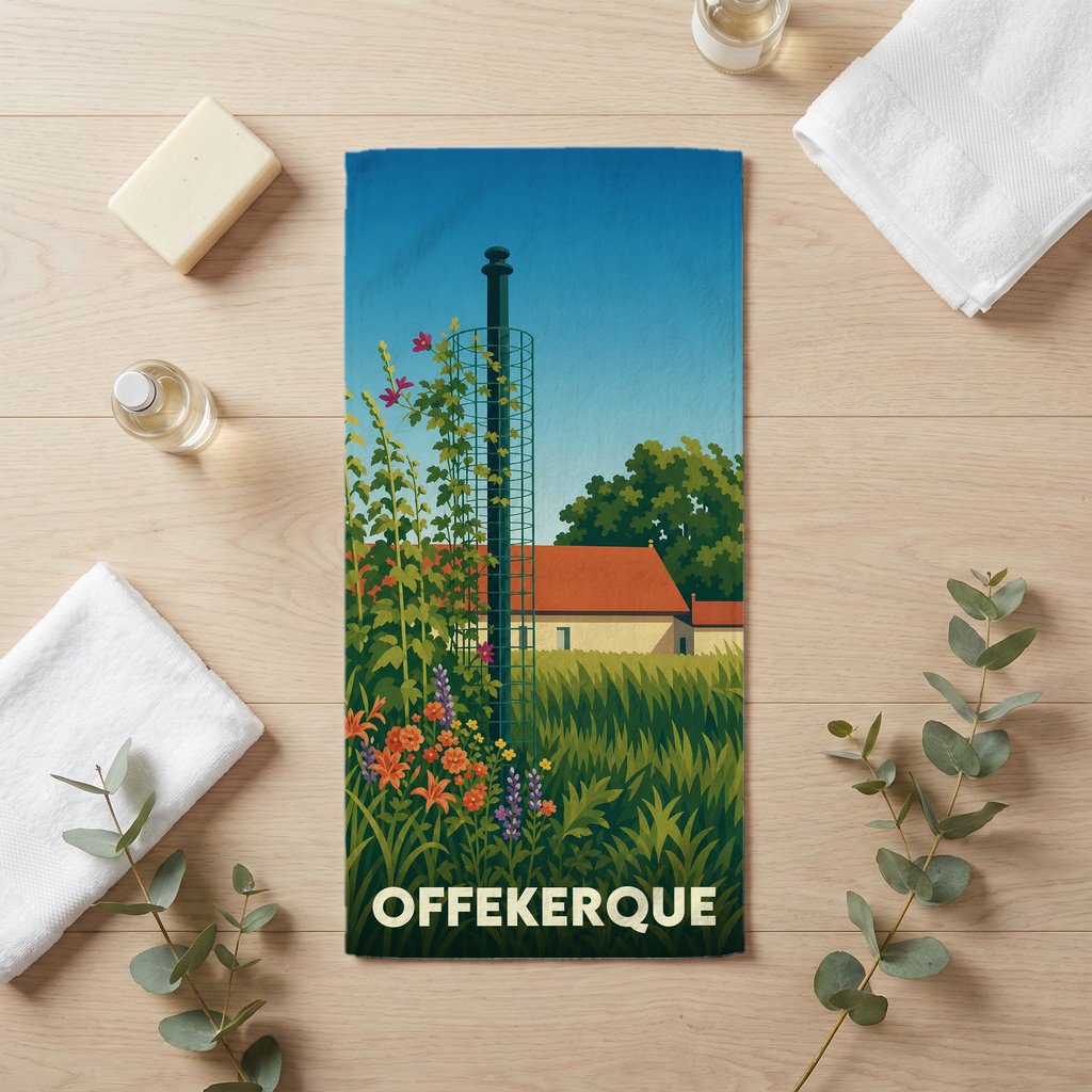 Serviette de bain souvenir de la ville de Offekerque avec une illustration stylisée.