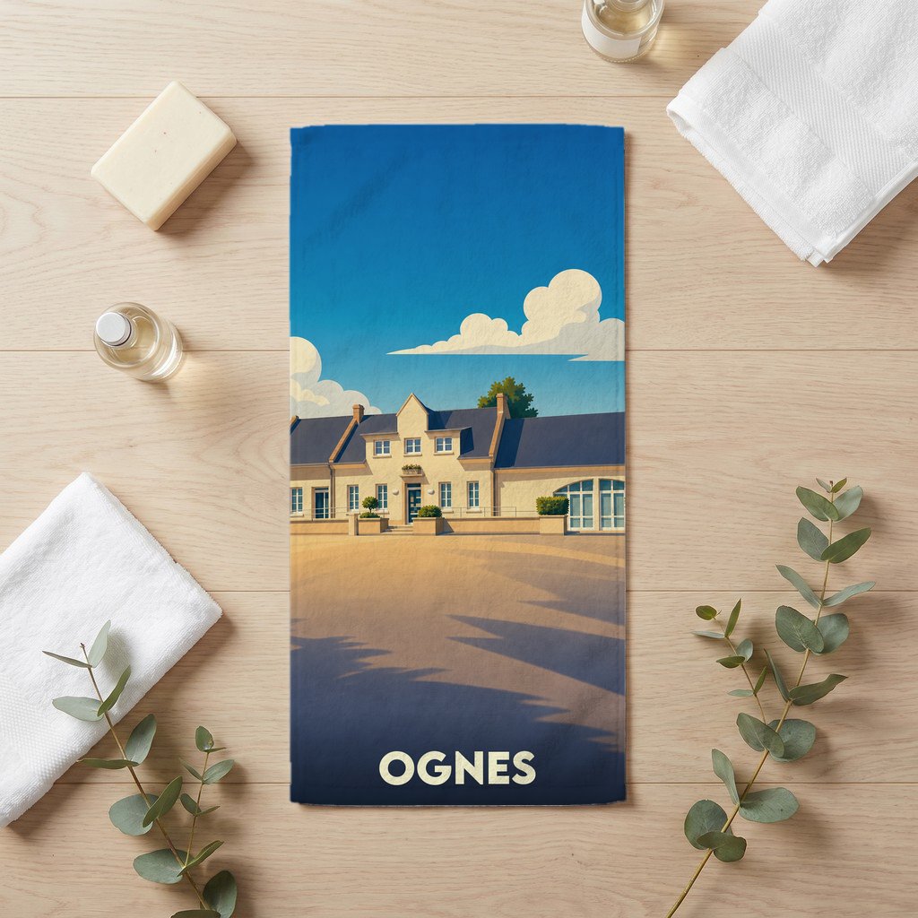 Serviette de bain souvenir de la ville d'Ognes avec une illustration stylisée.