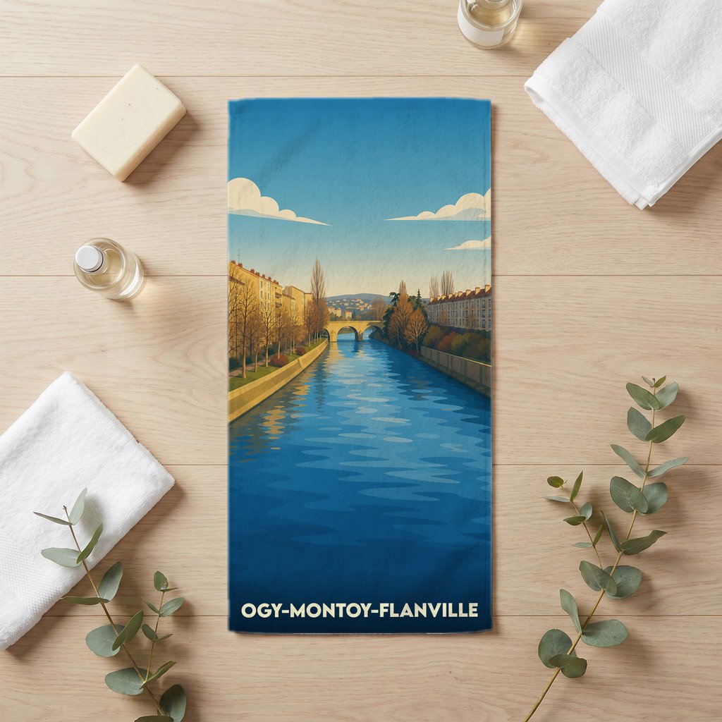 Serviette de bain souvenir de la ville d'Ogy-Montoy-Flanville avec une illustration stylisée d'un canal.