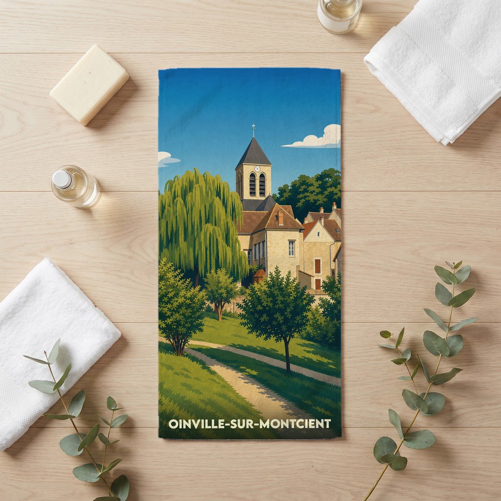 Serviette de bain souvenir de la ville de Oinville-sur-Montcient avec une illustration stylisée d'un paysage de village français.