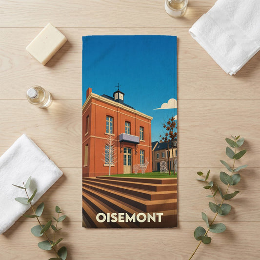 Serviette de bain souvenir de la ville de Oisemont avec une illustration stylisée.