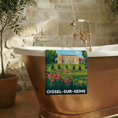 Serviette de bain souvenir de la ville de Oissel-sur-Seine avec une illustration stylisée.