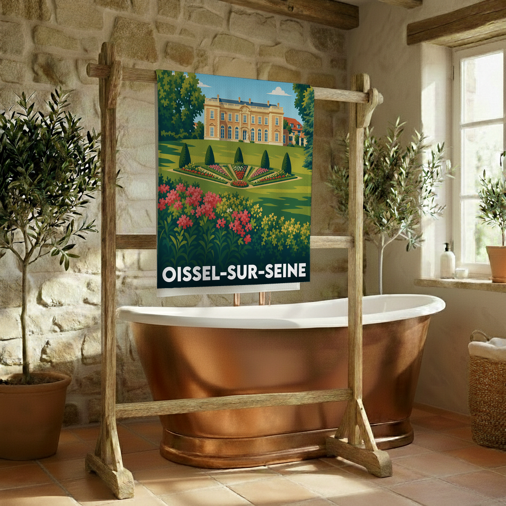 Serviette de bain souvenir de la ville d'Oissel-sur-Seine avec une illustration stylisée.