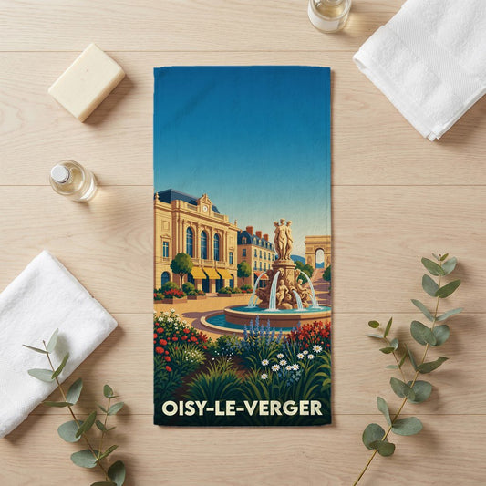 Serviette de bain souvenir de la ville de Oisy-le-Verger avec une illustration stylisée d'une place animée.