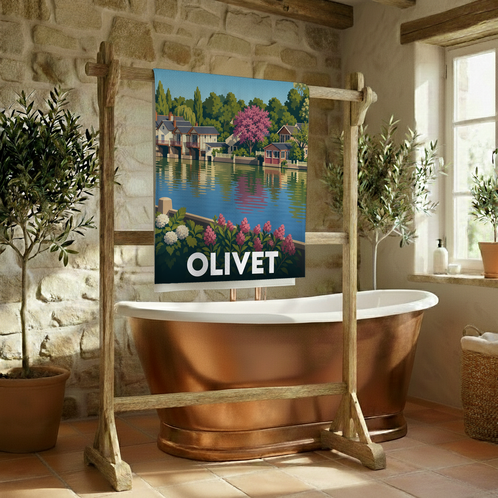 Serviette de bain souvenir de la ville d'Olivet avec une illustration stylisée de ses bords de rivière.