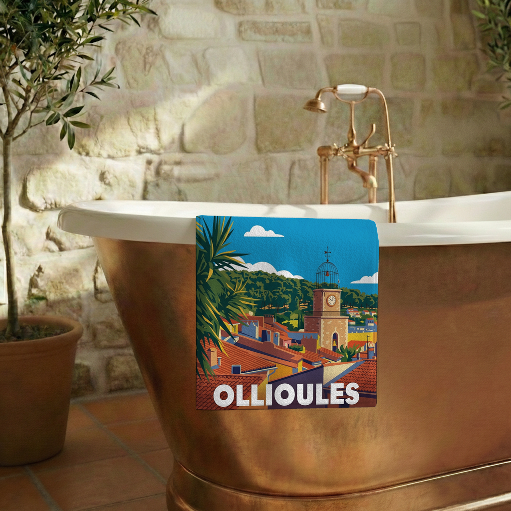 Serviette de bain souvenir de la ville d'Ollioules avec une illustration stylisée.