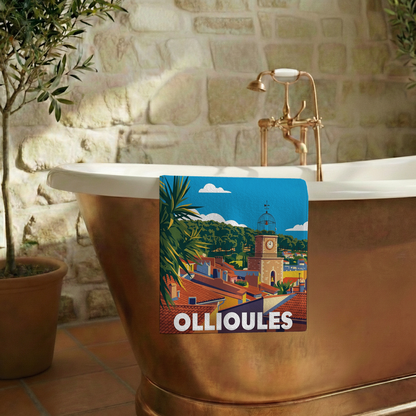 Serviette de bain souvenir de la ville d'Ollioules avec une illustration stylisée.
