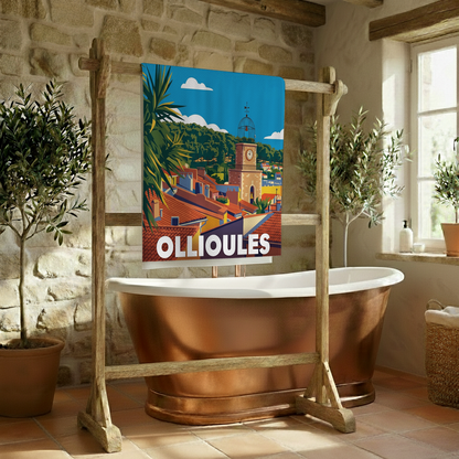 Serviette de bain souvenir de la ville d'Ollioules avec une illustration stylisée de son paysage urbain.