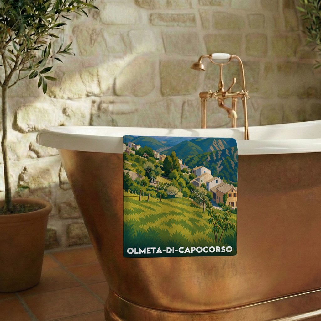 Serviette de bain souvenir de la ville d'Olmeta-di-Capocorso avec une illustration stylisée.