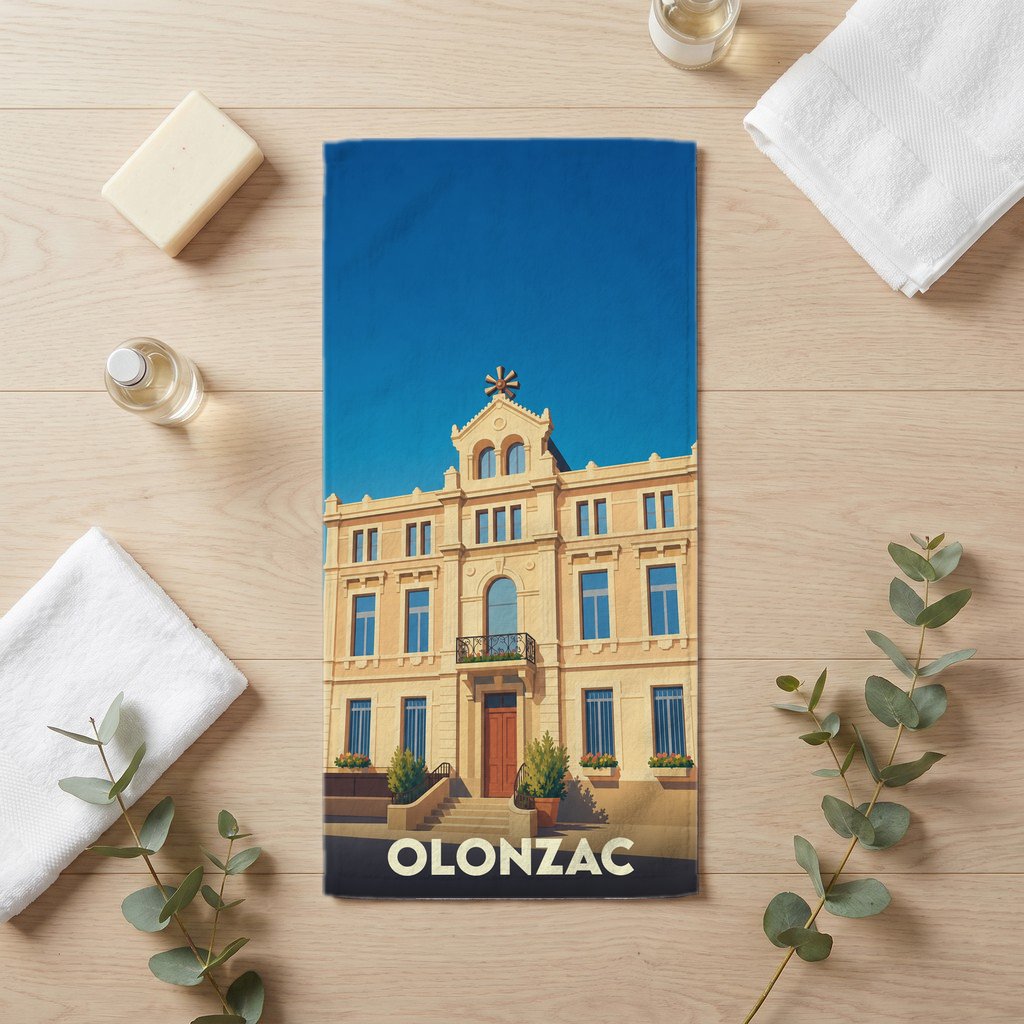 Serviette de bain souvenir de la ville d'Olonzac illustrée d'un bâtiment historique sous un ciel bleu.