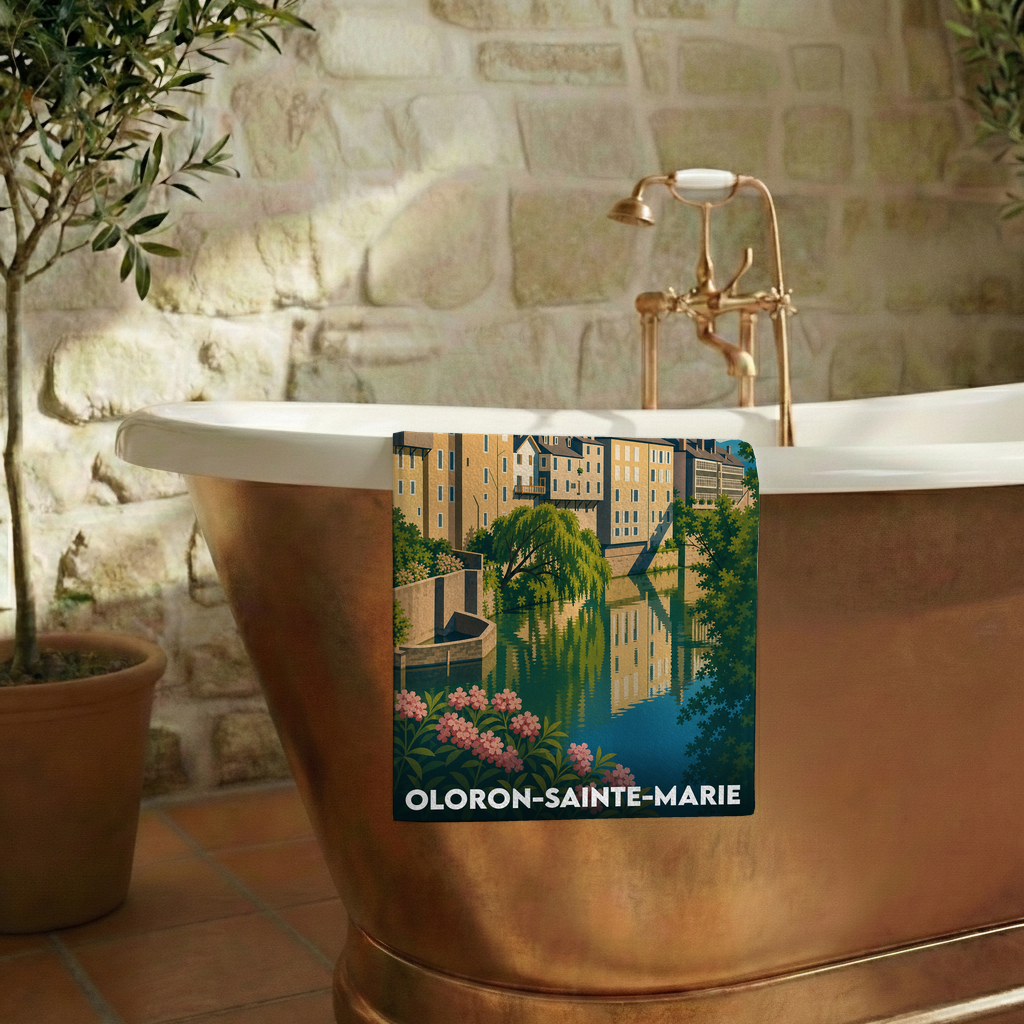 Serviette de bain souvenir de la ville de Oloron-Sainte-Marie illustrant ses maisons au bord de l'eau.