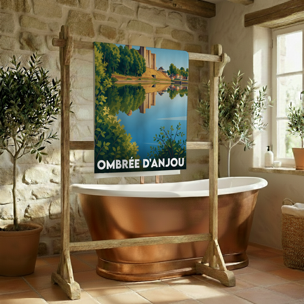Serviette de bain souvenir de la ville d'Ombrée d'Anjou avec une illustration stylisée de son paysage au bord de l'eau.