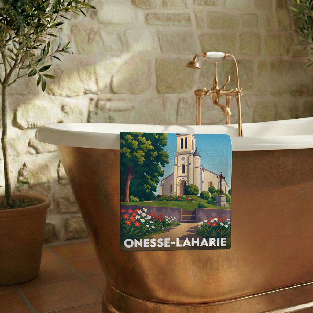 Serviette de bain souvenir de la ville de Onesse-Laharie avec une illustration stylisée.