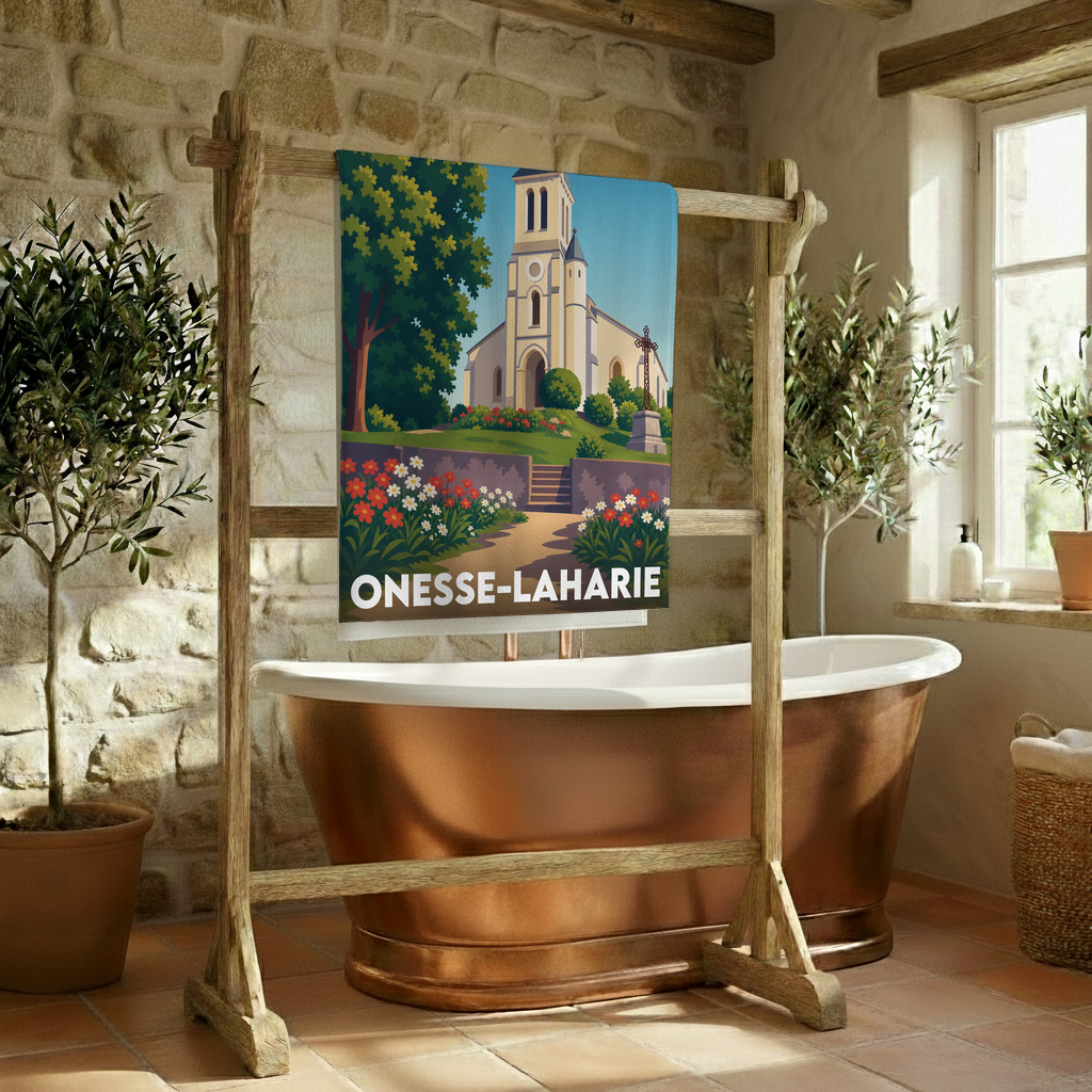 Serviette de bain souvenir de la ville d'Onesse-Laharie avec une illustration stylisée.