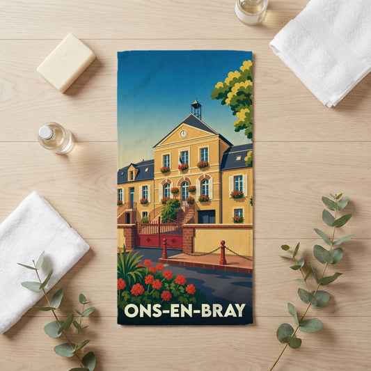 Serviette de bain souvenir de la ville de Ons-en-Bray avec une illustration stylisée.