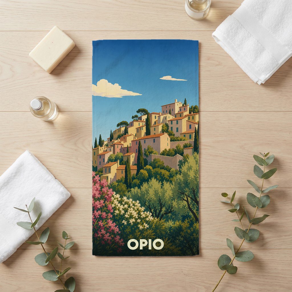 Serviette de bain souvenir de la ville d'Opio avec une illustration stylisée d'un village perché.