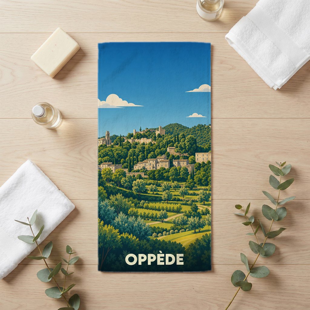 Serviette de bain souvenir de la ville d'Oppède avec une illustration stylisée de son village perché.