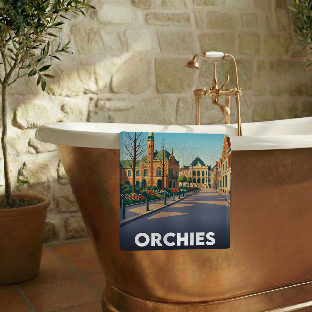 Serviette de bain souvenir de la ville de Orchies avec une illustration stylisée.