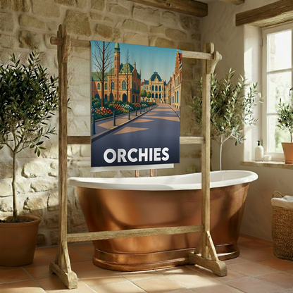 Serviette de bain souvenir de la ville d'Orchies avec une illustration stylisée.