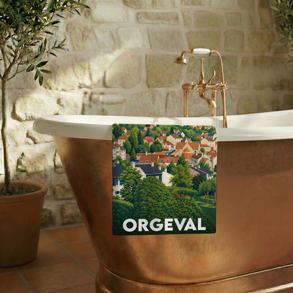 Serviette de bain souvenir de la ville d'Orgeval avec une illustration stylisée.