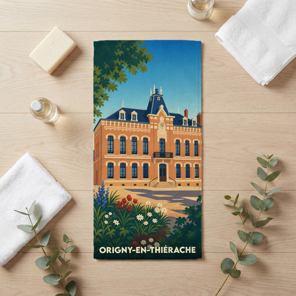 Serviette de bain souvenir d'Origny-en-Thiérache avec une illustration colorée de l'hôtel de ville.