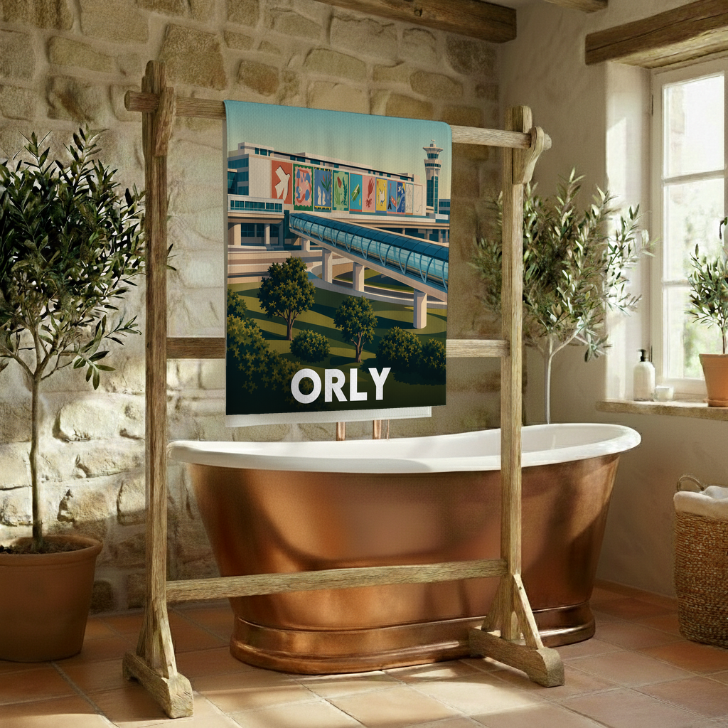 Serviette de bain souvenir de la ville d'Orly avec une illustration stylisée de son aéroport.