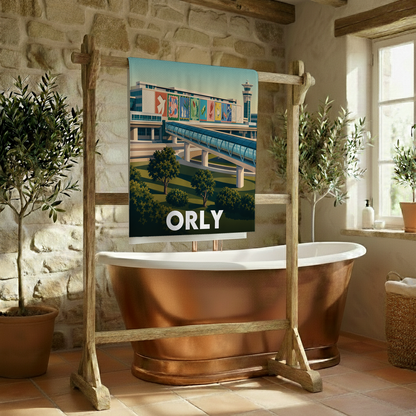 Serviette de bain souvenir de la ville d'Orly avec une illustration stylisée de son aéroport.