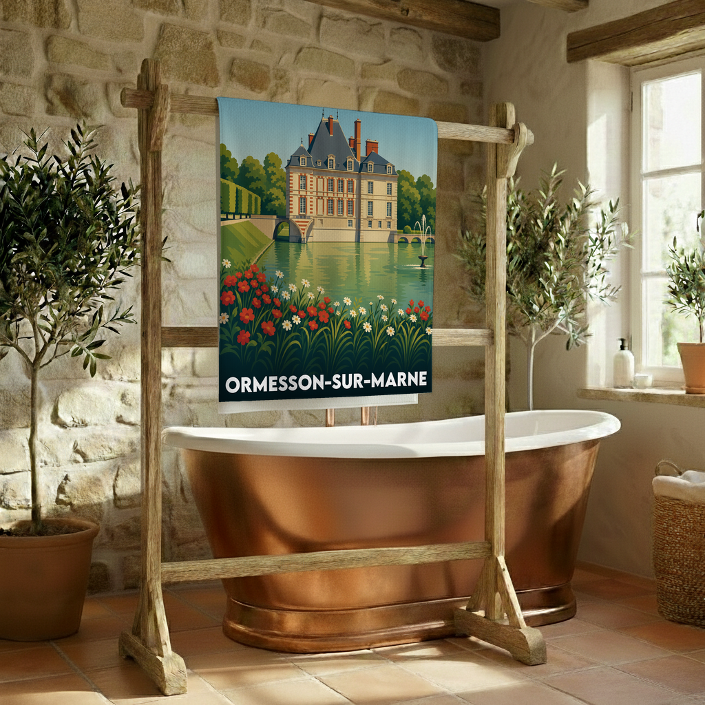 Serviette de bain souvenir de la ville de Ormesson-sur-Marne illustrant son château et ses jardins.