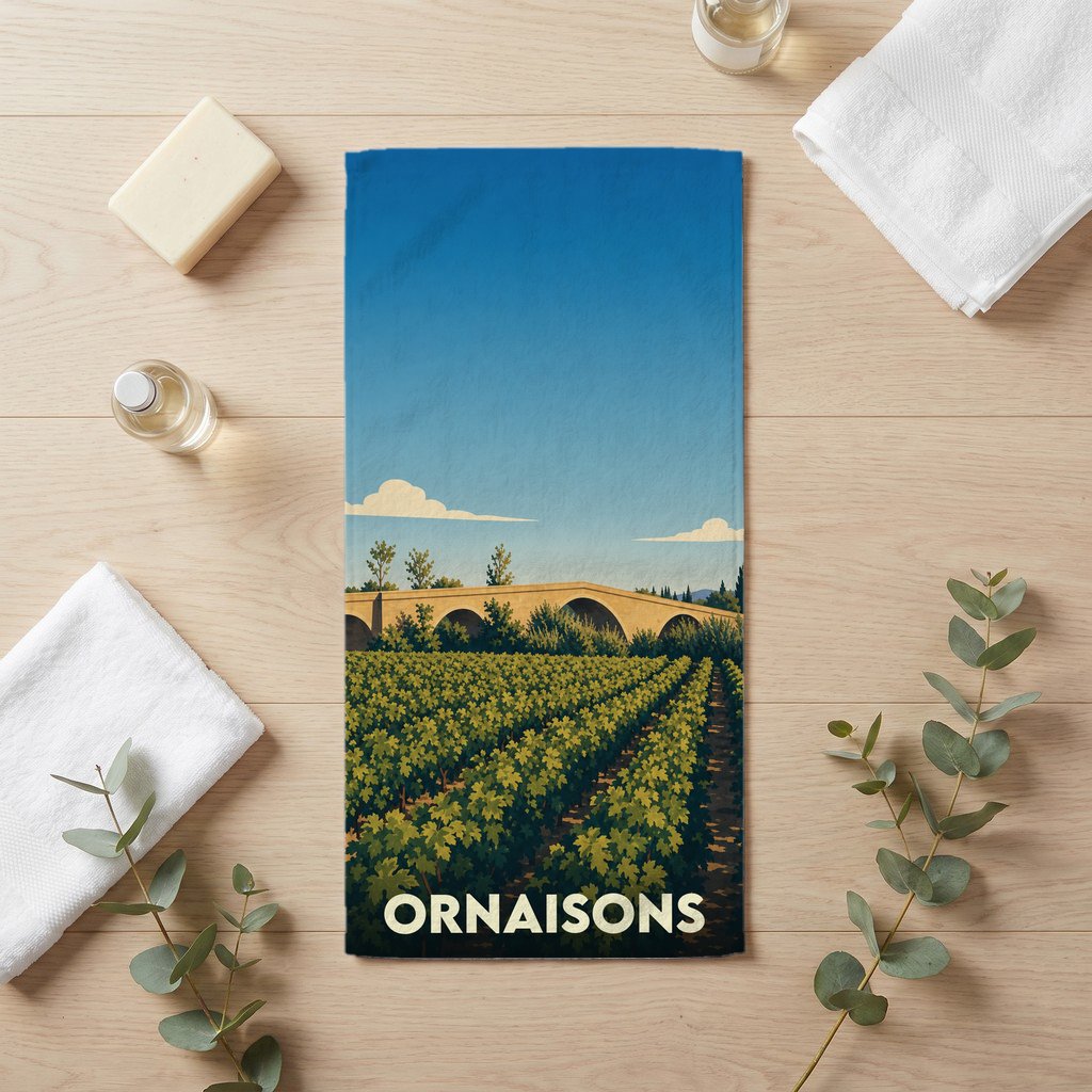 Serviette de bain souvenir de la ville d'Ornaisons avec une illustration stylisée de vignes et d'un pont.