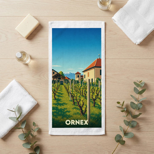 Serviette de bain souvenir de la ville d'Ornex avec une illustration stylisée de vignoble.