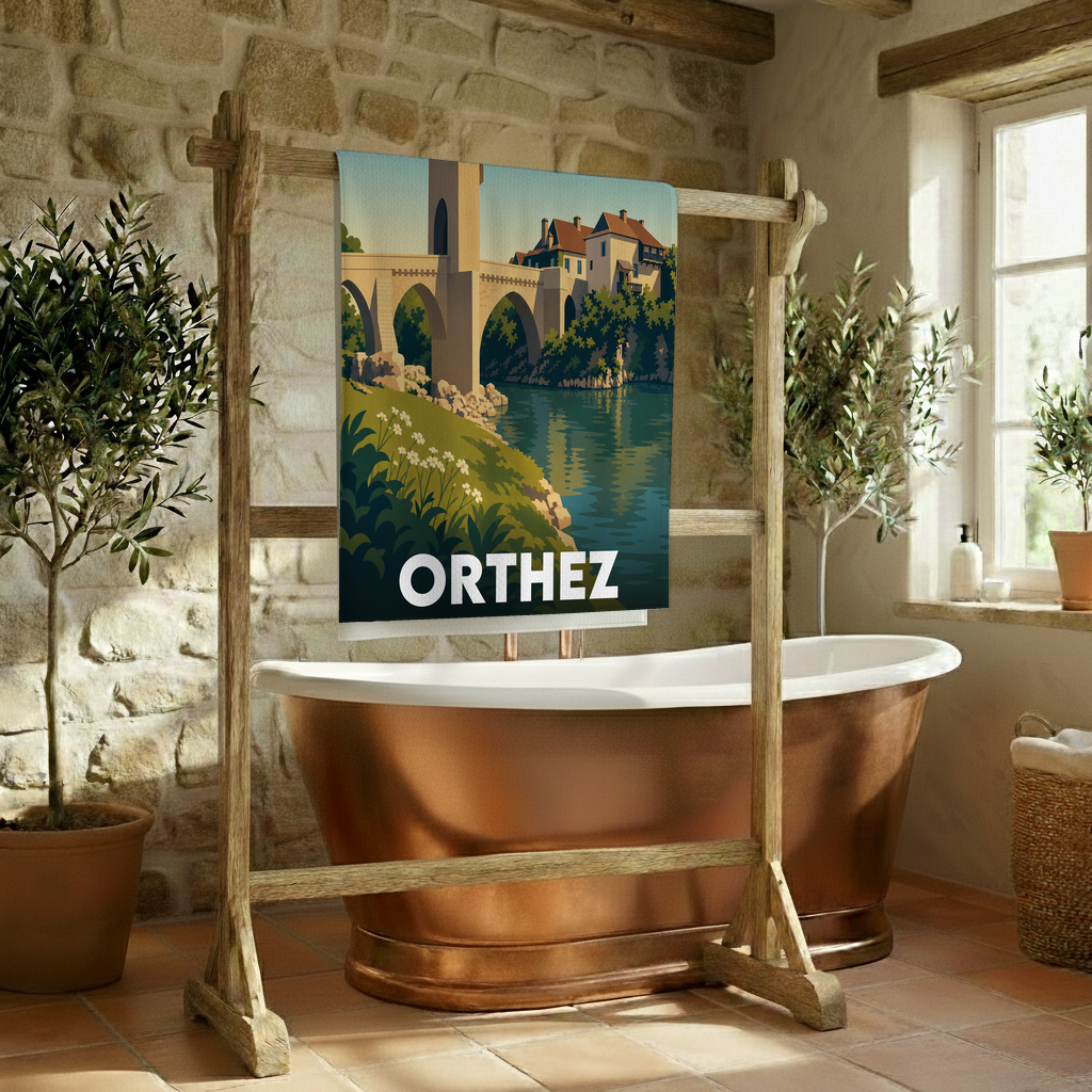 Serviette de bain souvenir de la ville d'Orthez avec une illustration stylisée du Pont Vieux.