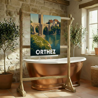 Serviette de bain souvenir de la ville d'Orthez avec une illustration stylisée du Pont Vieux.