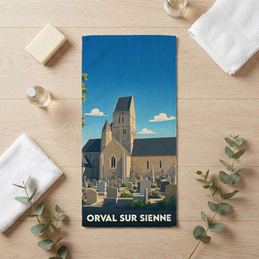 Serviette de bain souvenir de la ville d'Orval sur Sienne avec une illustration stylisée de son église et son cimetière.
