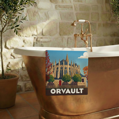 Serviette de bain souvenir de la ville d'Orvault avec une illustration stylisée.