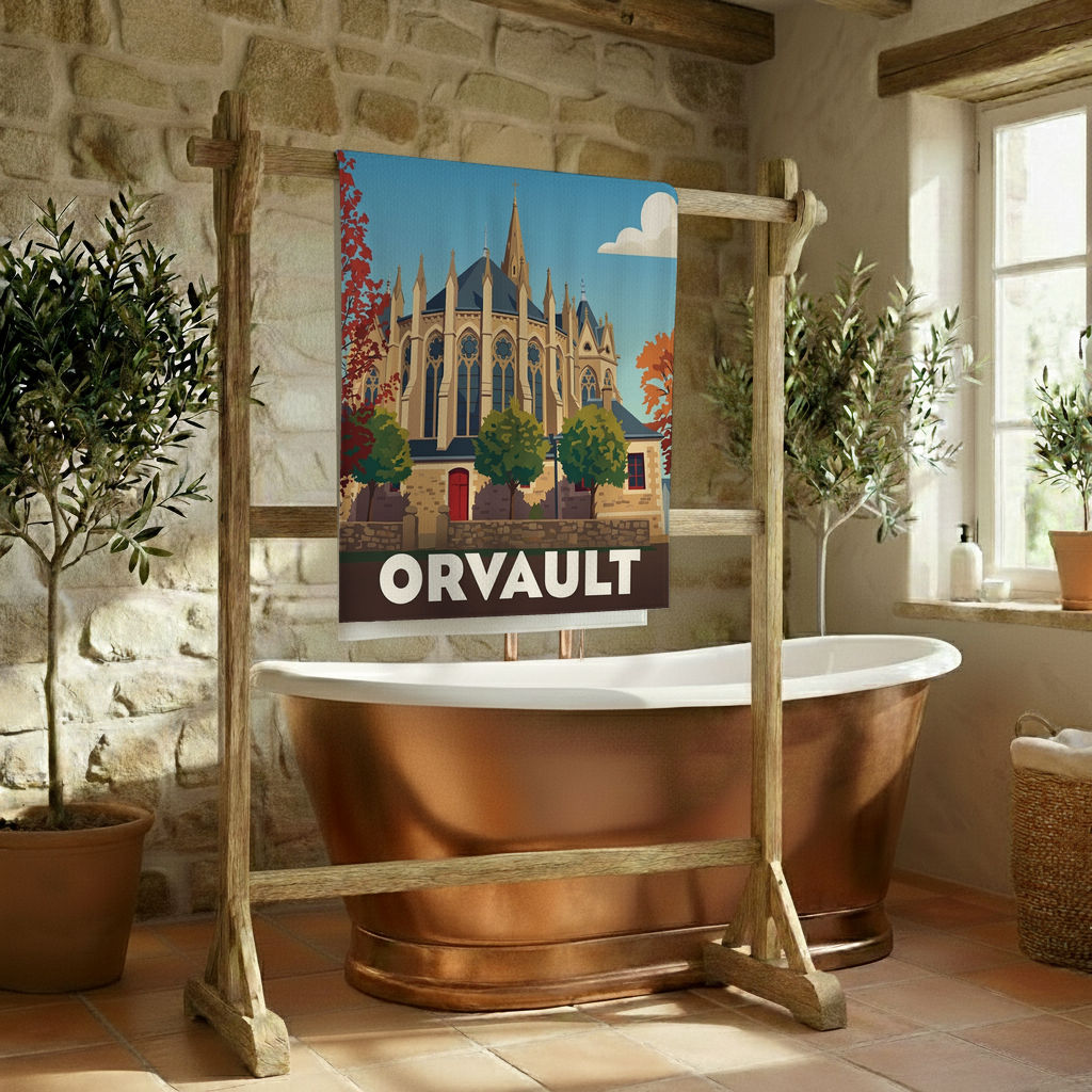Serviette de bain souvenir de la ville d'Orvault avec une illustration stylisée.
