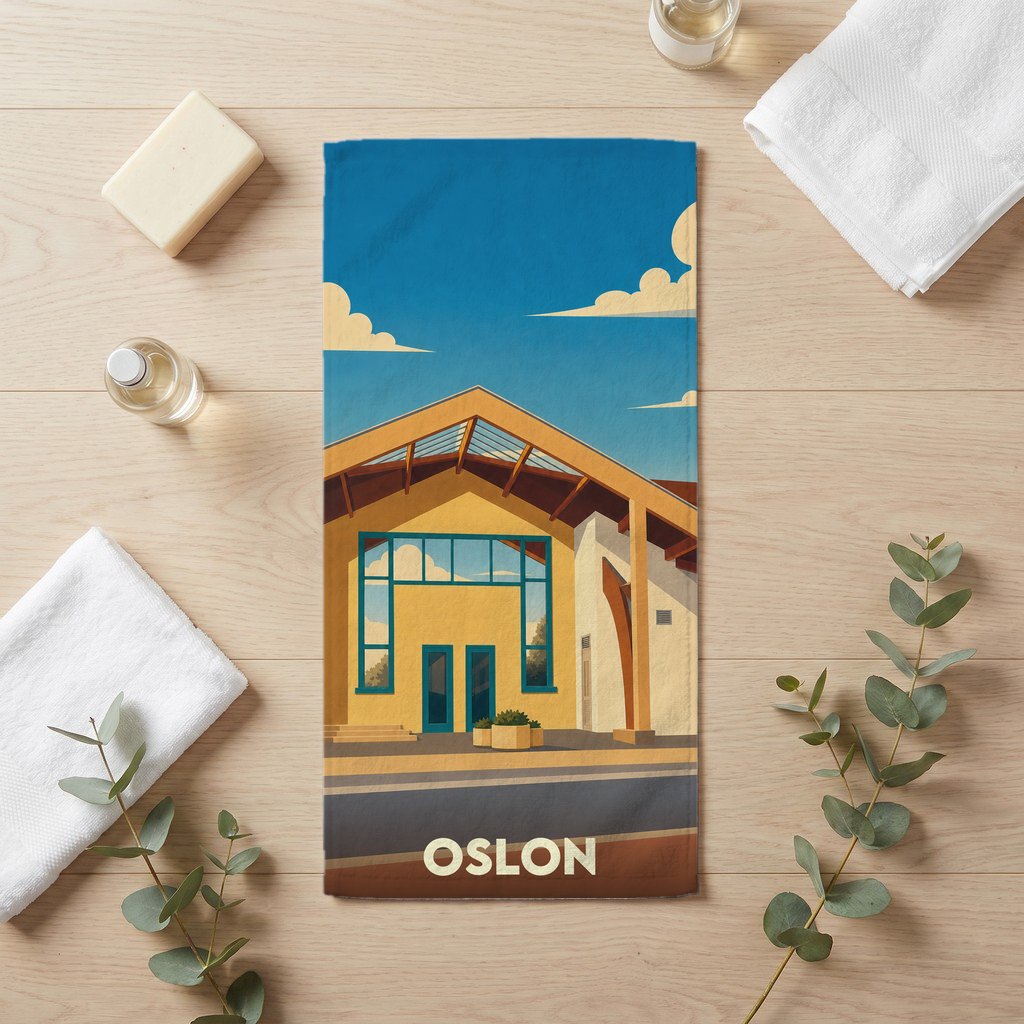 Serviette de bain souvenir de la ville d'Oslon avec une illustration stylisée d'un bâtiment moderne.