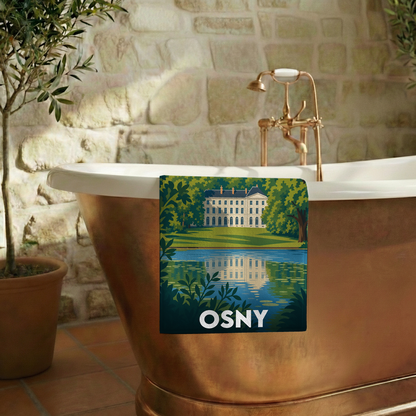 Serviette de bain souvenir de la ville d'Osny avec une illustration stylisée d'un château au bord de l'eau.